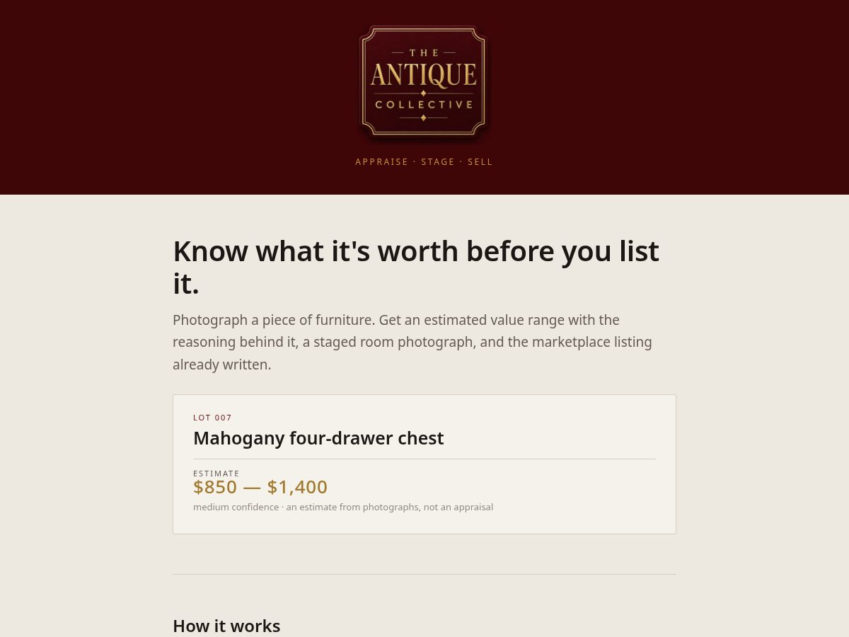Landing-page snapshot of antiquecollective.app