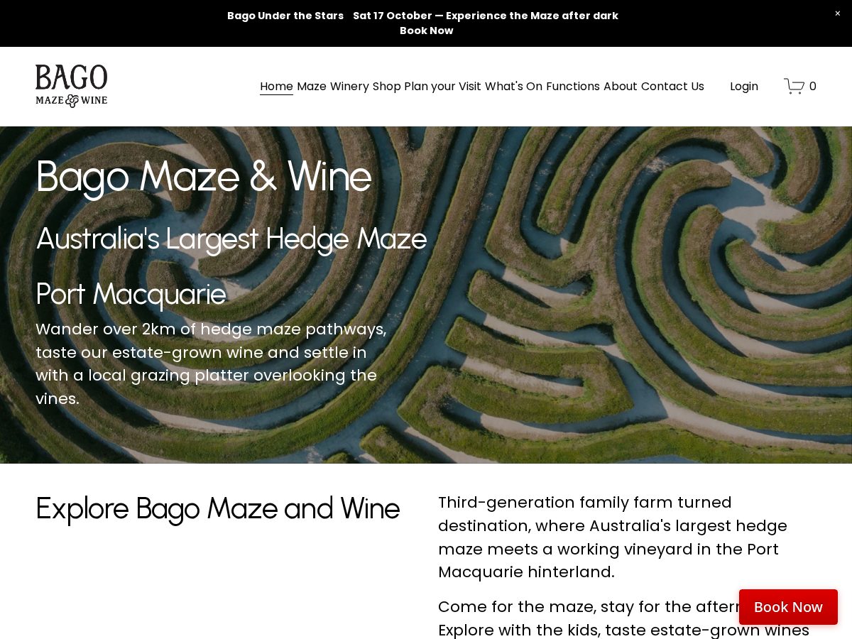 Landing-page snapshot of bagomazeandwine.com