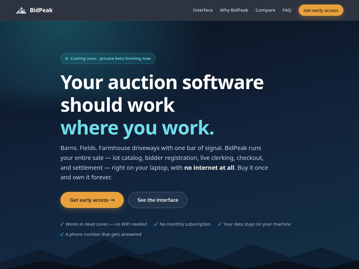 Landing-page snapshot of bidpeaksoftware.com
