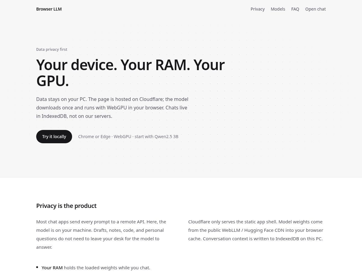 Landing-page snapshot of browser-llm.com