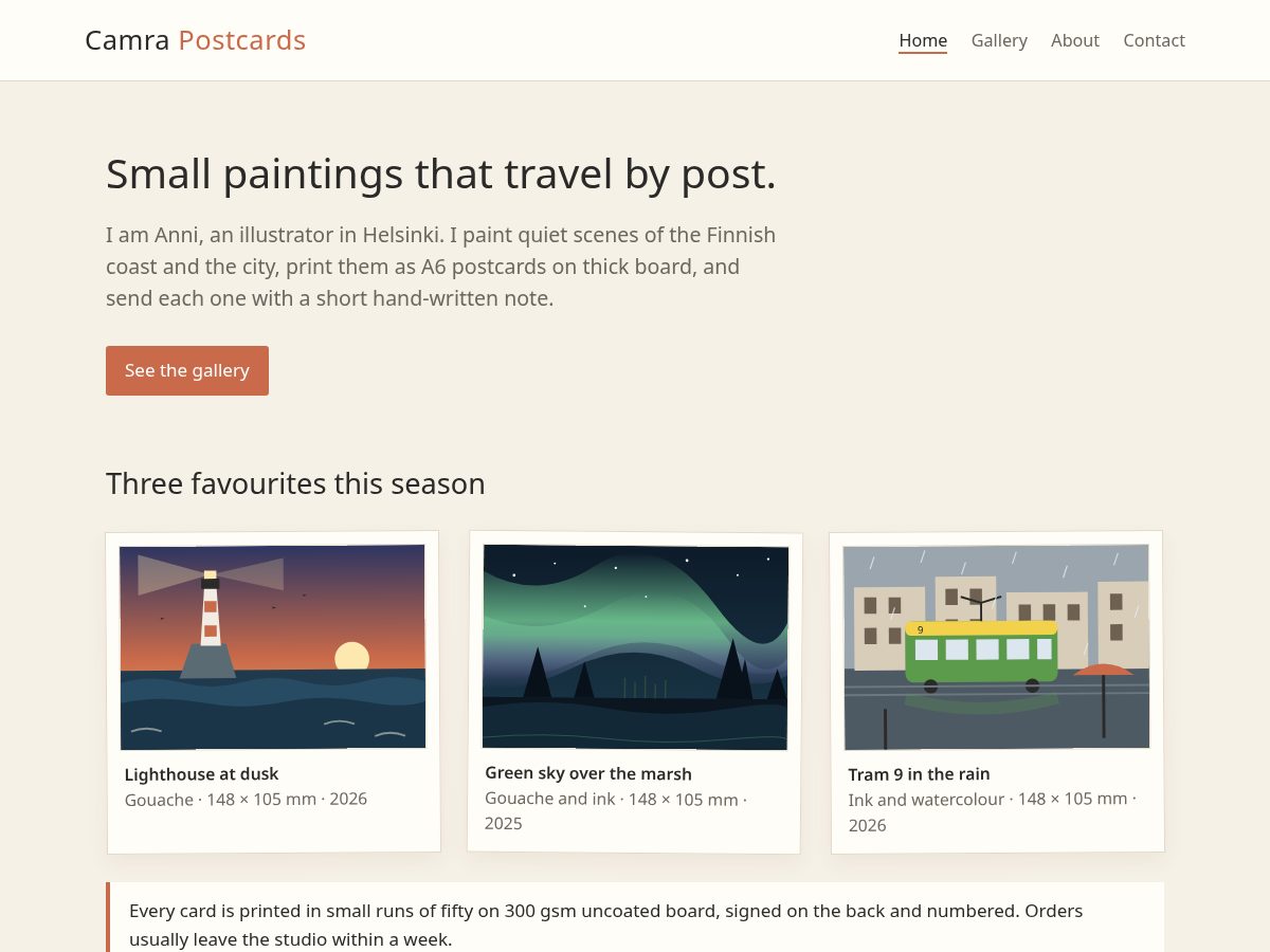 Landing-page snapshot of camrapostcards.com