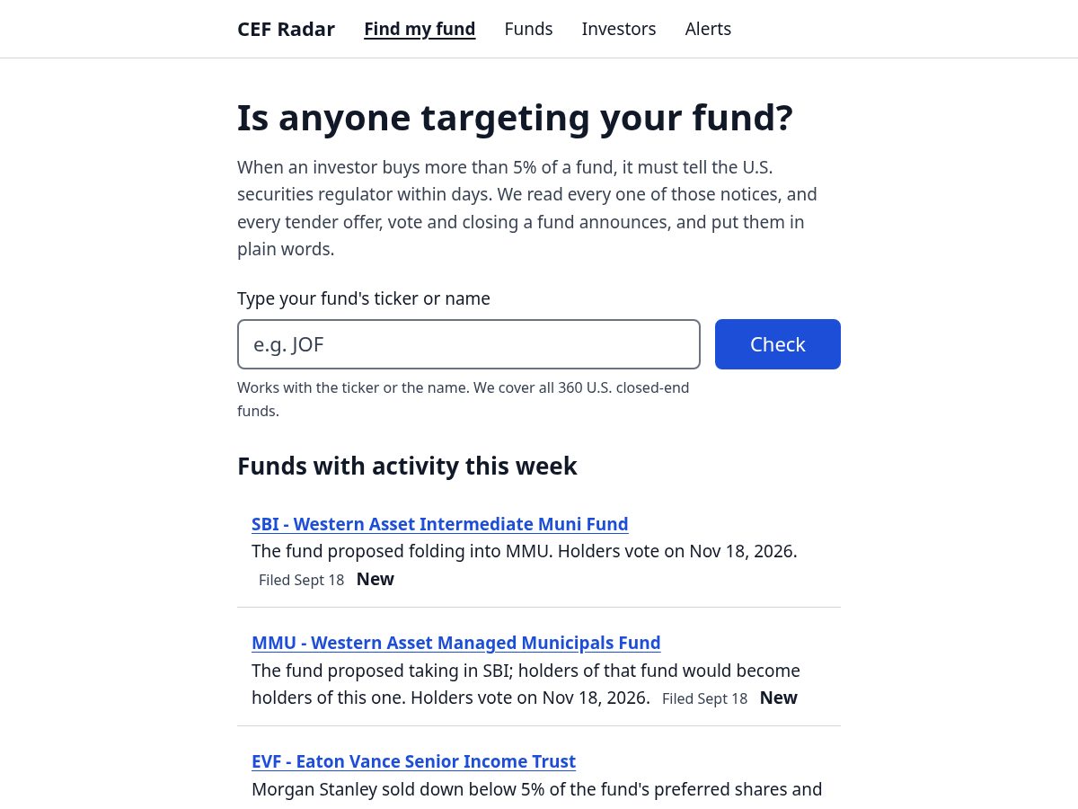 Landing-page snapshot of cefradar.com