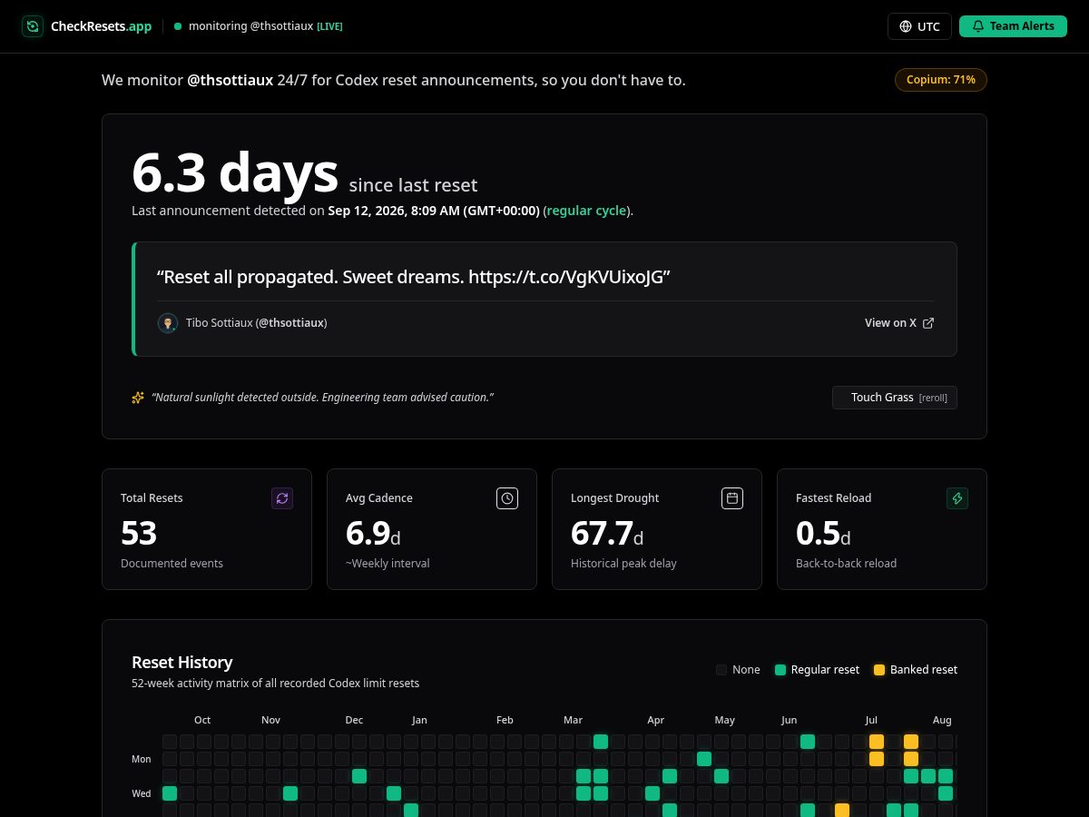 Landing-page snapshot of checkresets.app