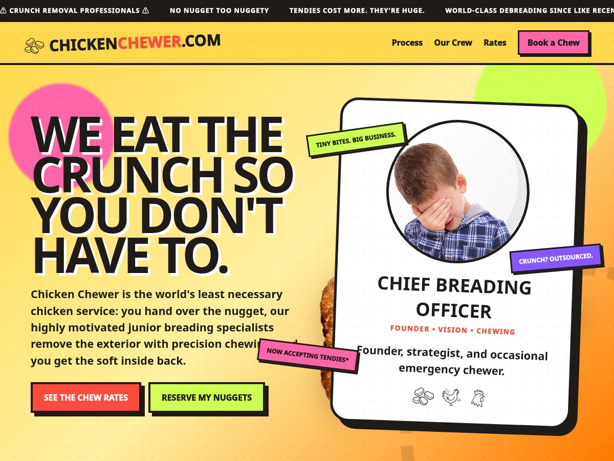 Landing-page snapshot of chickenchewer.com