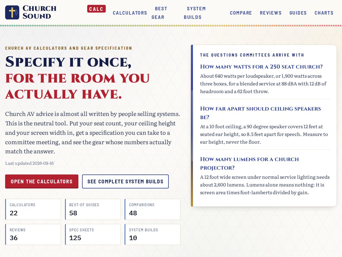 Landing-page snapshot of churchsoundcalc.com