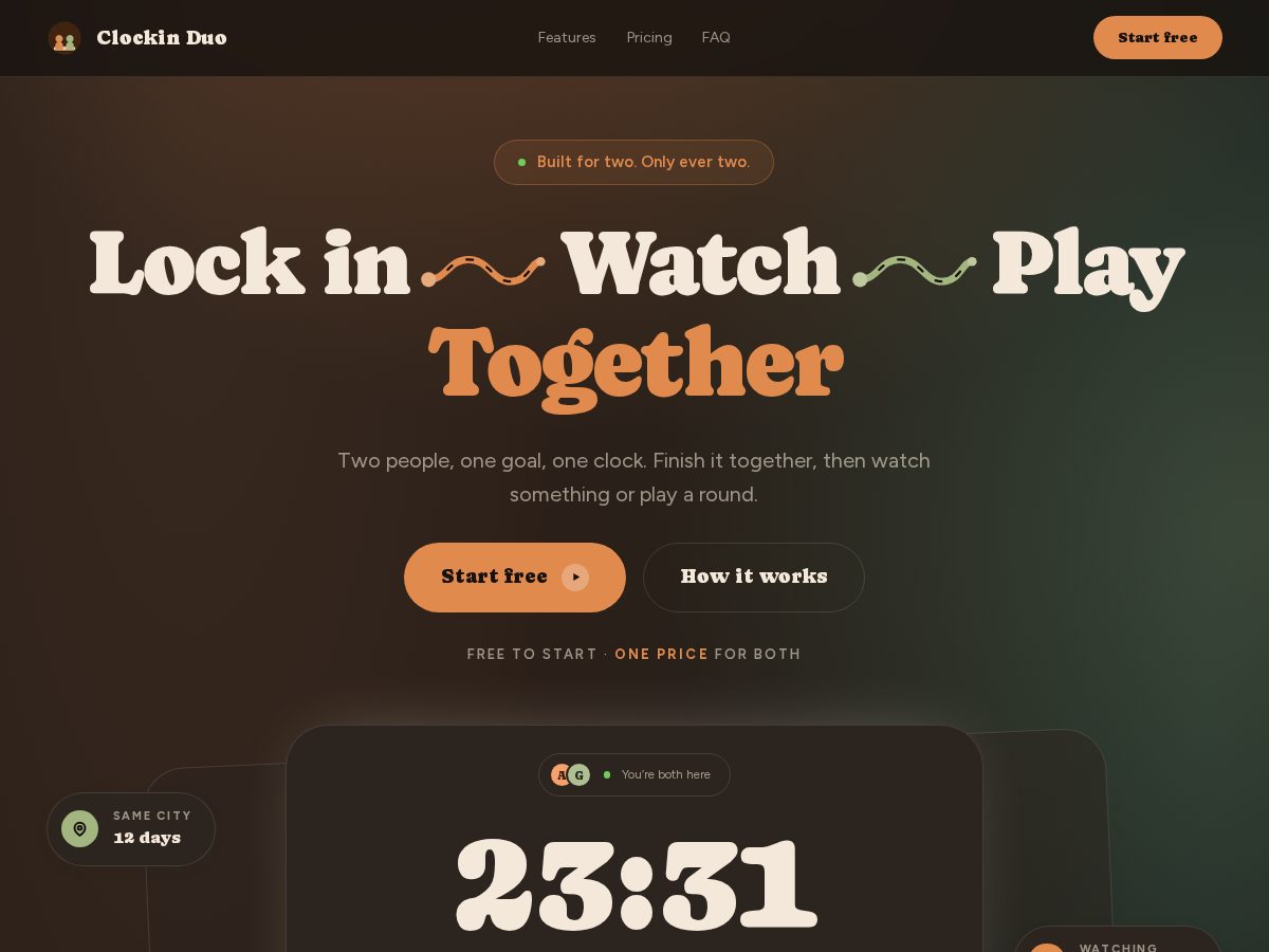 Landing-page snapshot of clockinduo.com