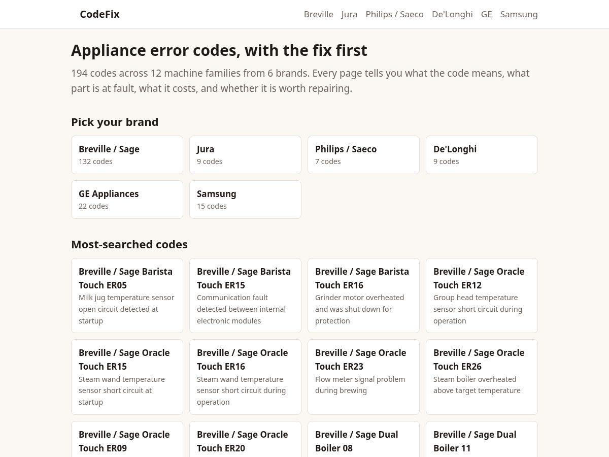Landing-page snapshot of codefixcoffee.com