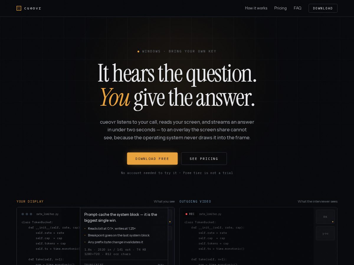 Landing-page snapshot of cueovr.com