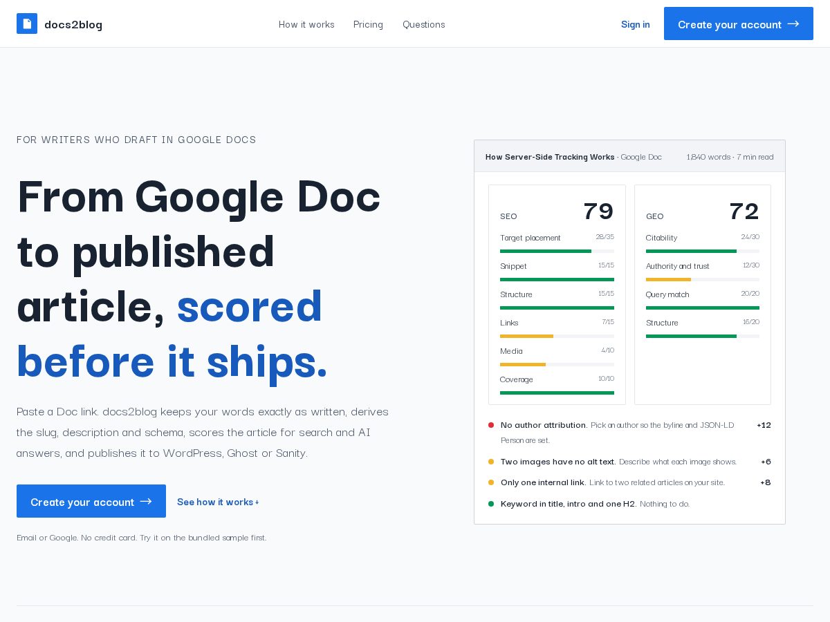Landing-page snapshot of docs2blog.com