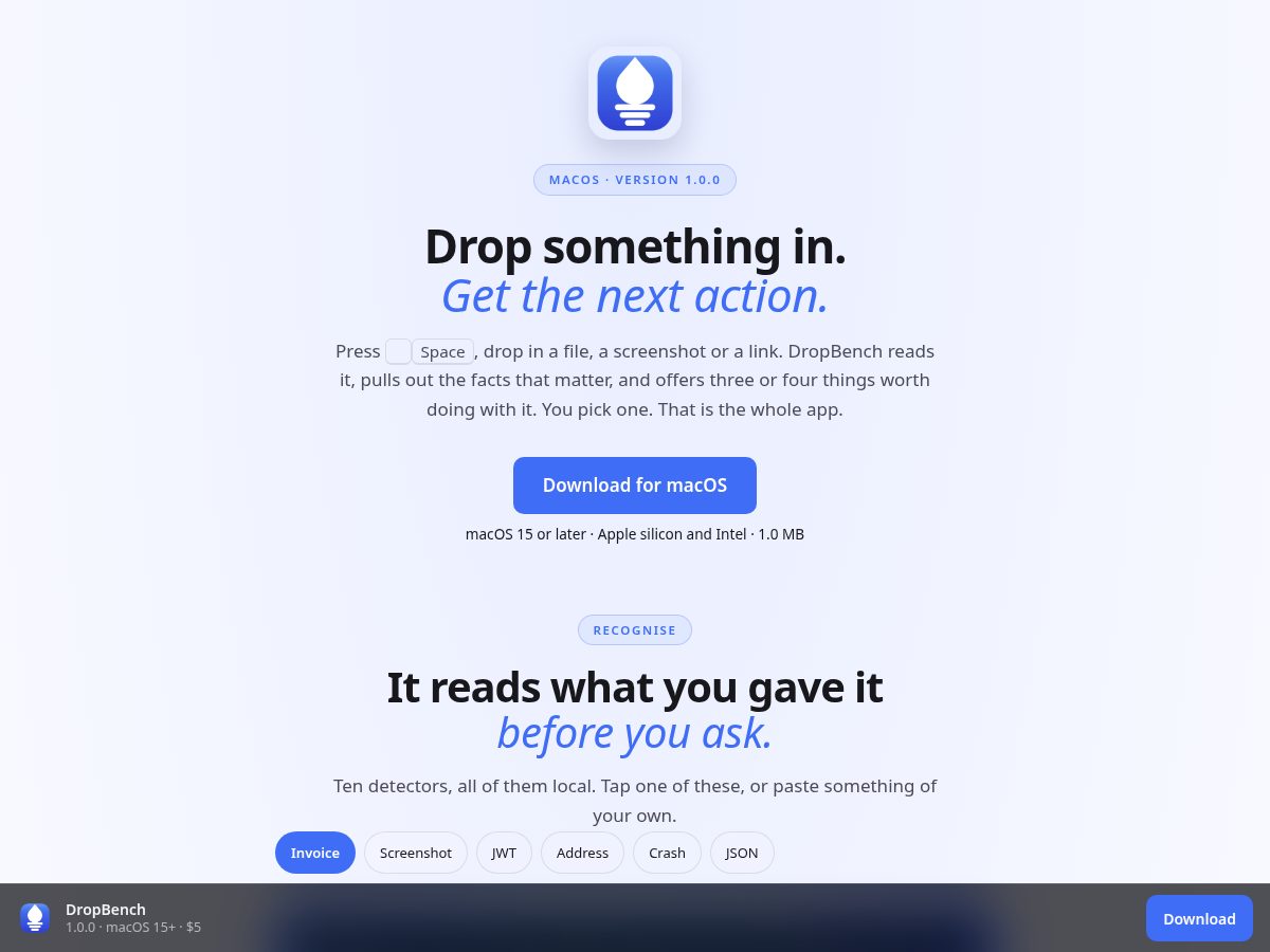 Landing-page snapshot of dropbench.app