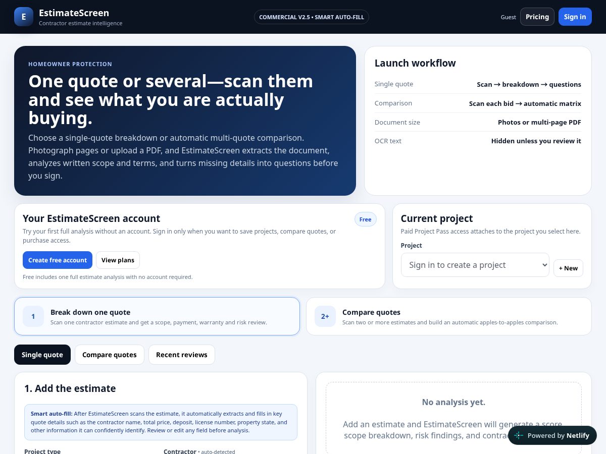 Landing-page snapshot of estimatescreen.com