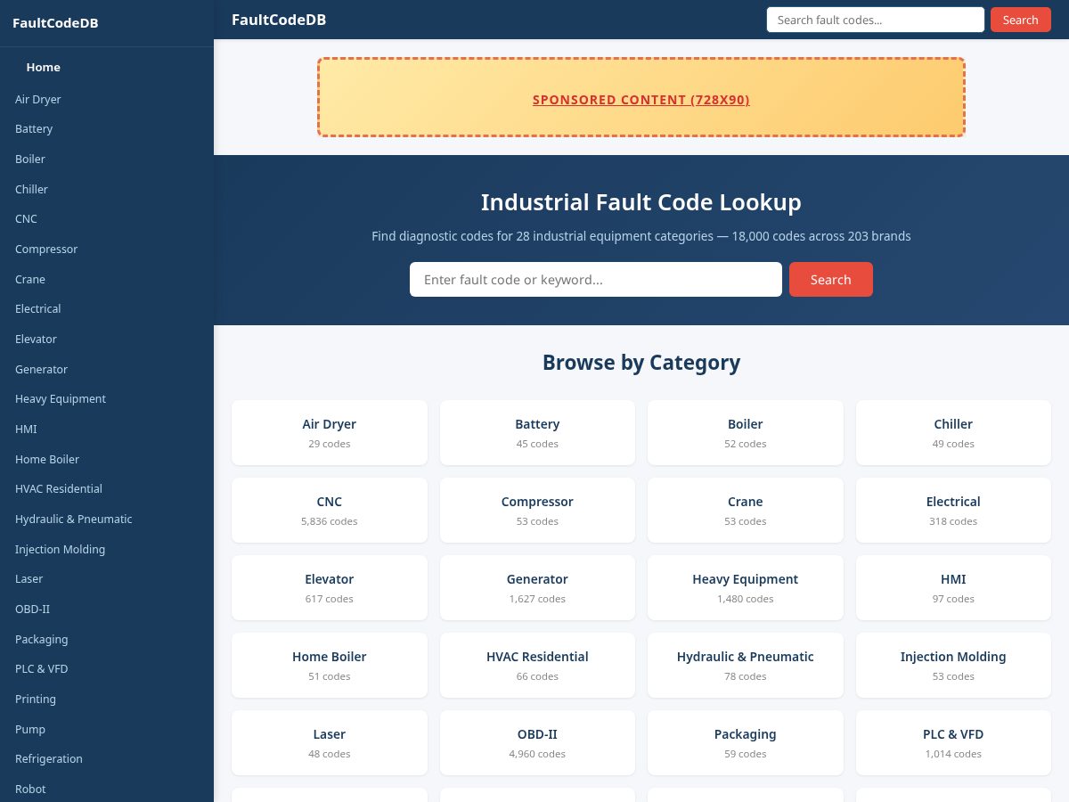 Landing-page snapshot of faultcodedb.com