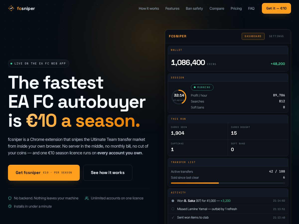 Landing-page snapshot of fcsniper.com