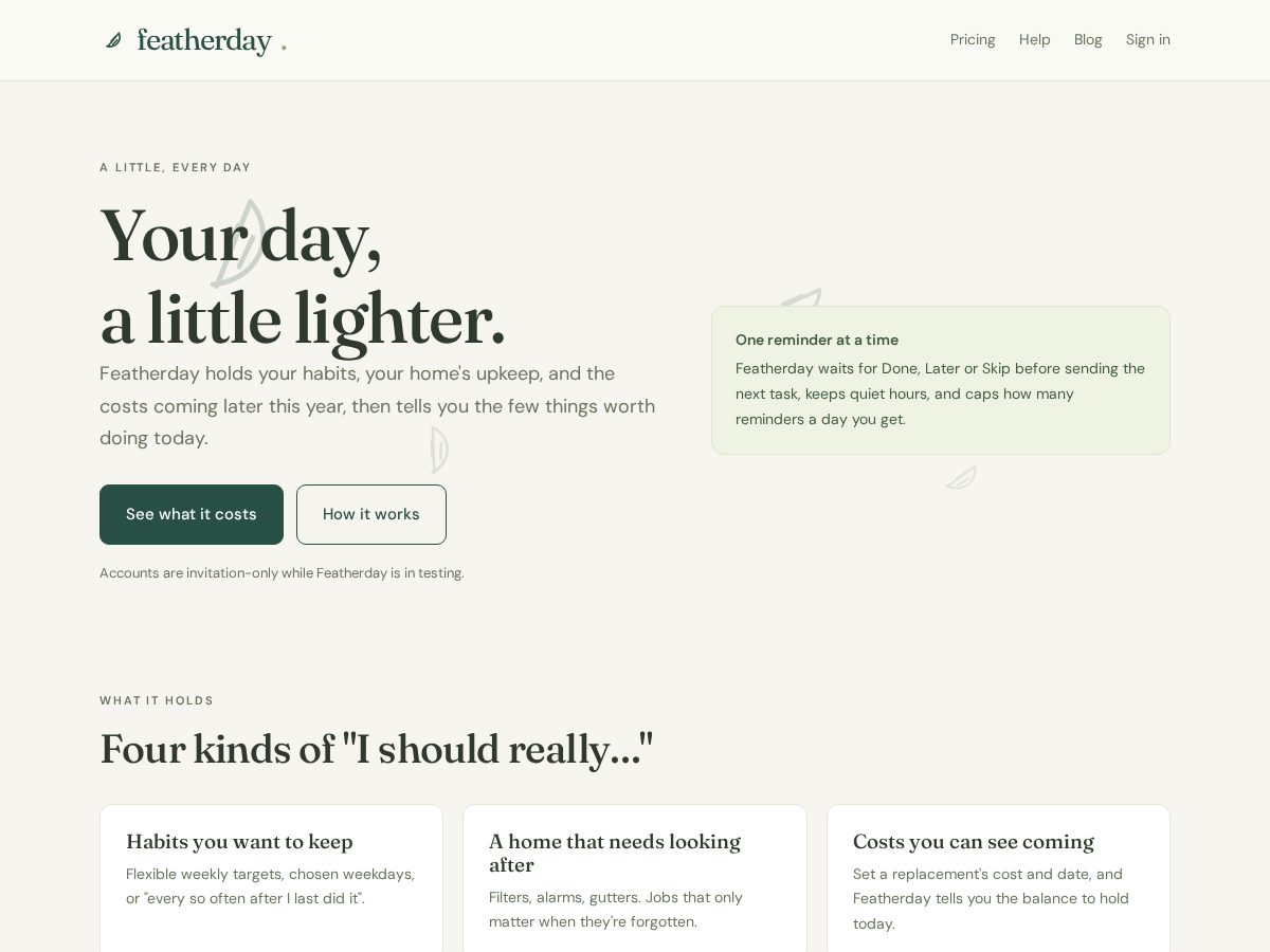Landing-page snapshot of featherdays.app