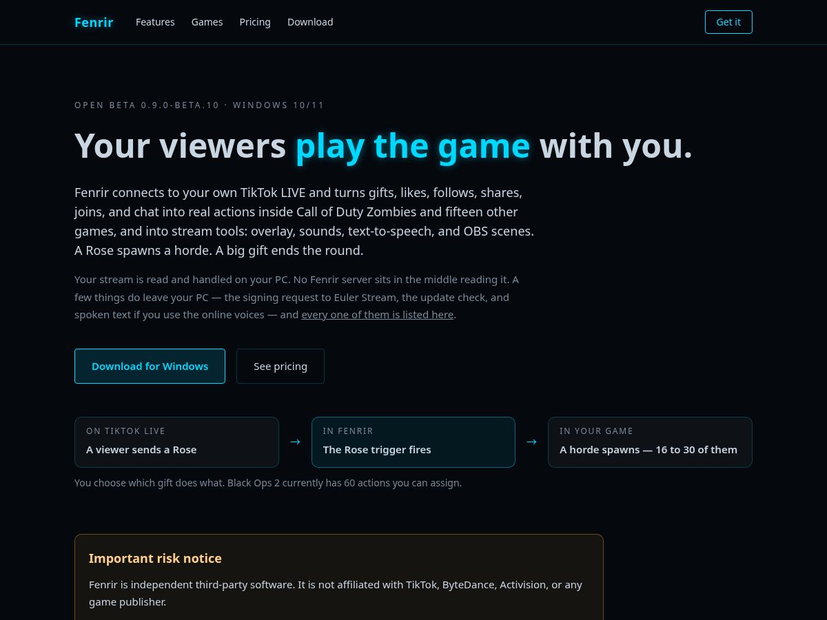 Landing-page snapshot of fenrirapp.com