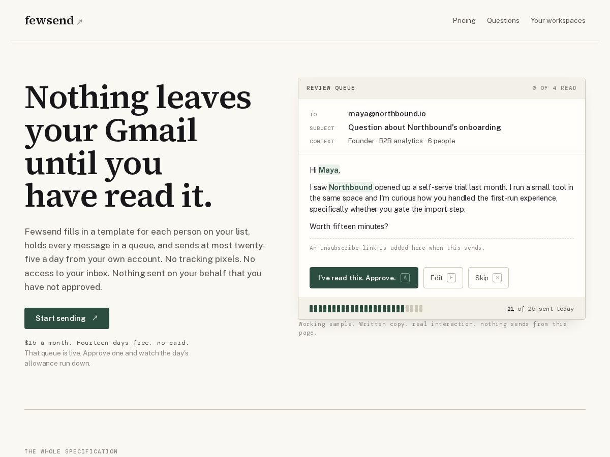 Landing-page snapshot of fewsend.com
