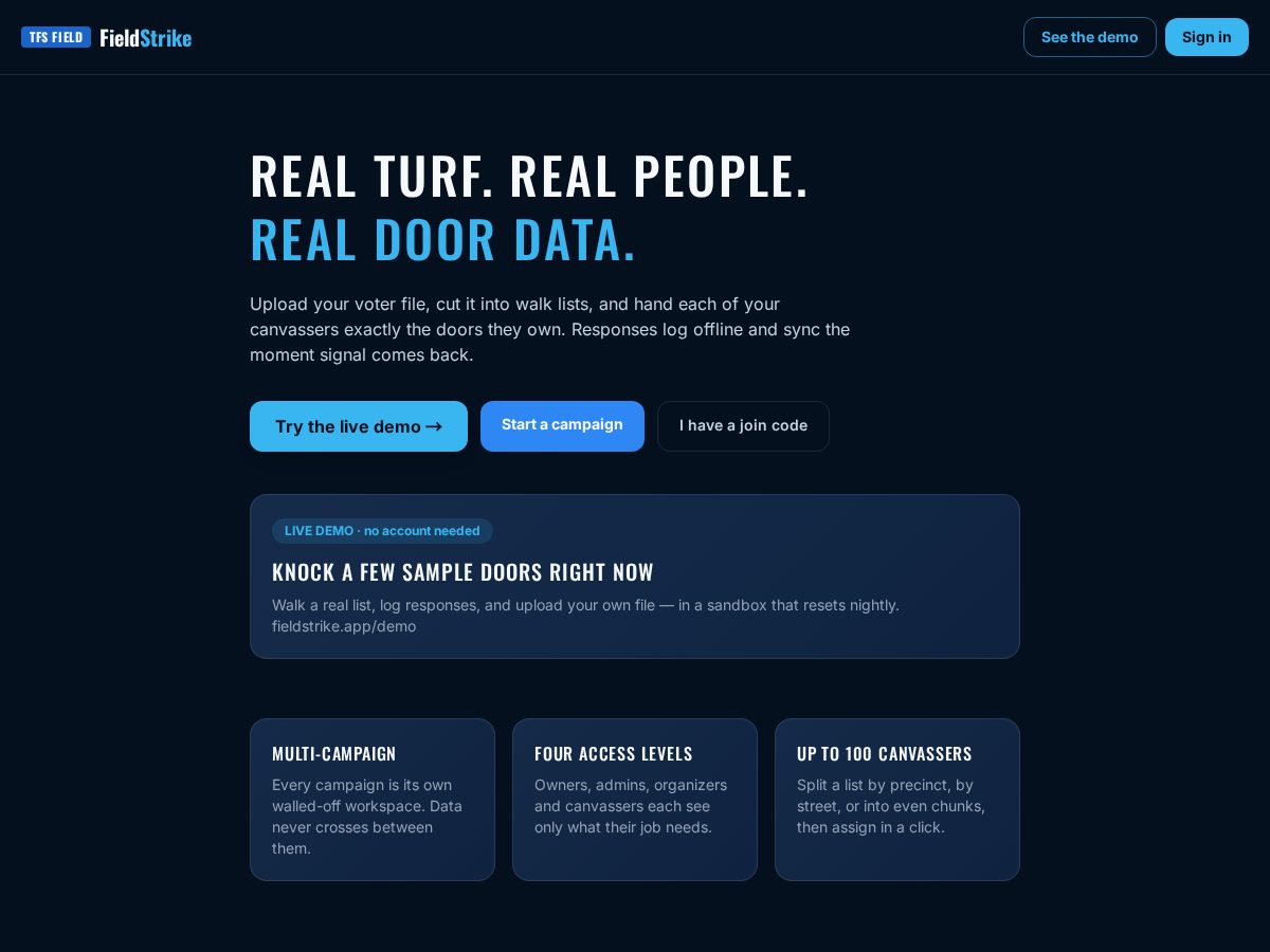 Landing-page snapshot of fieldstrike.app