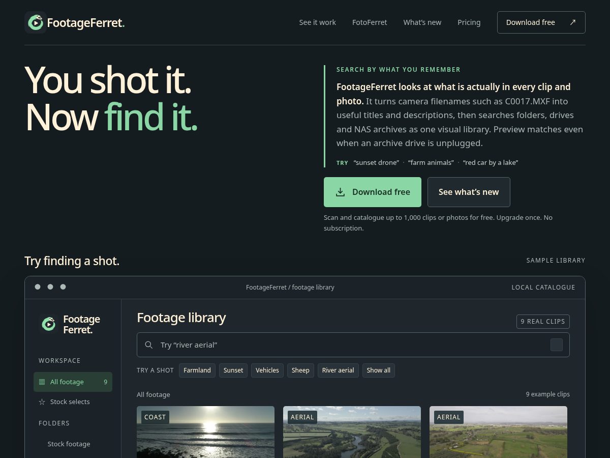 Landing-page snapshot of footageferret.com