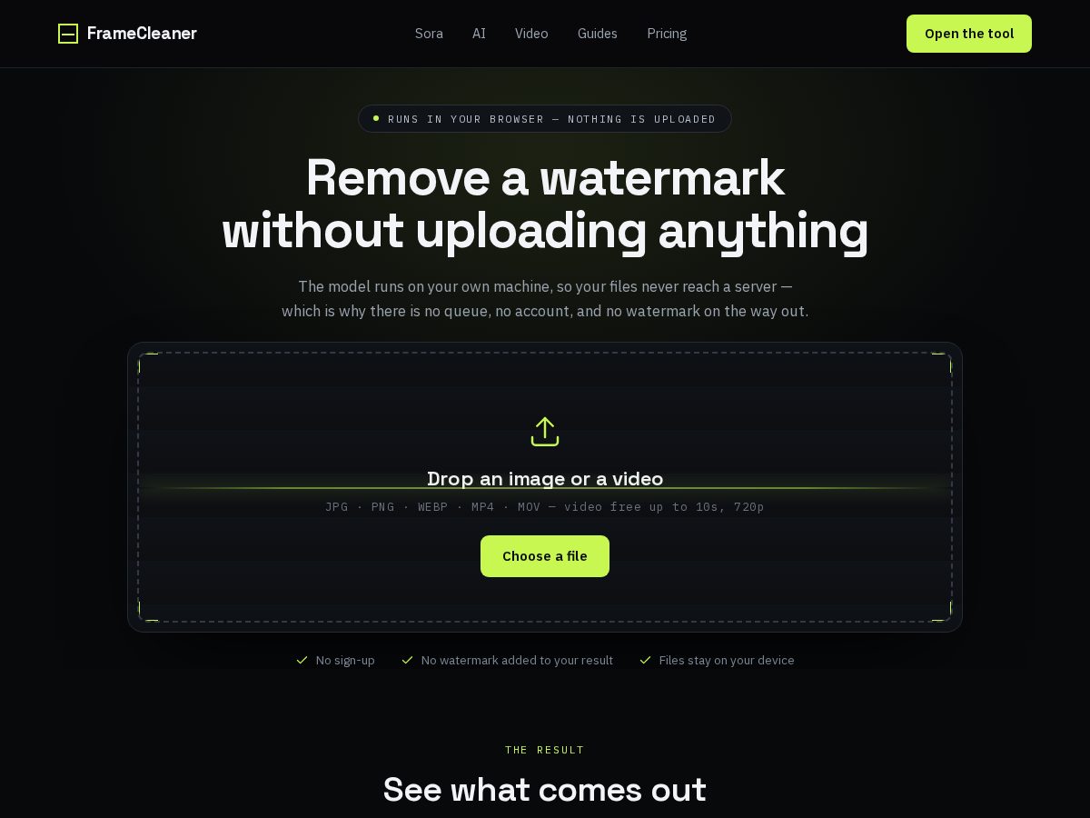 Landing-page snapshot of framecleaner.com