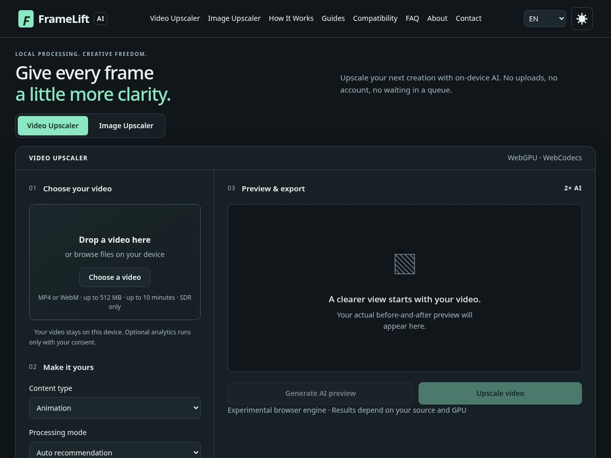 Landing-page snapshot of framelift.app