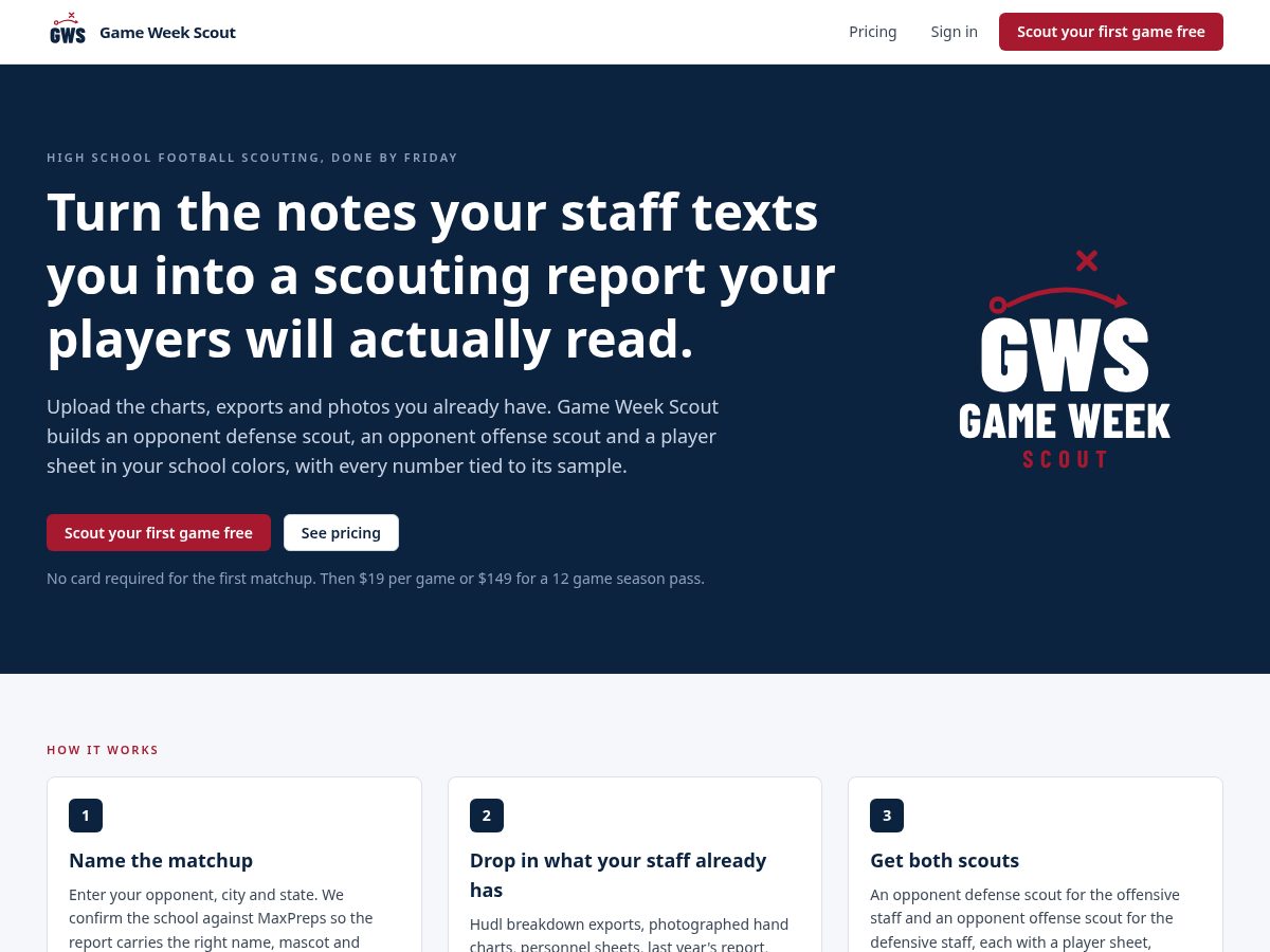 Landing-page snapshot of gameweekscout.com