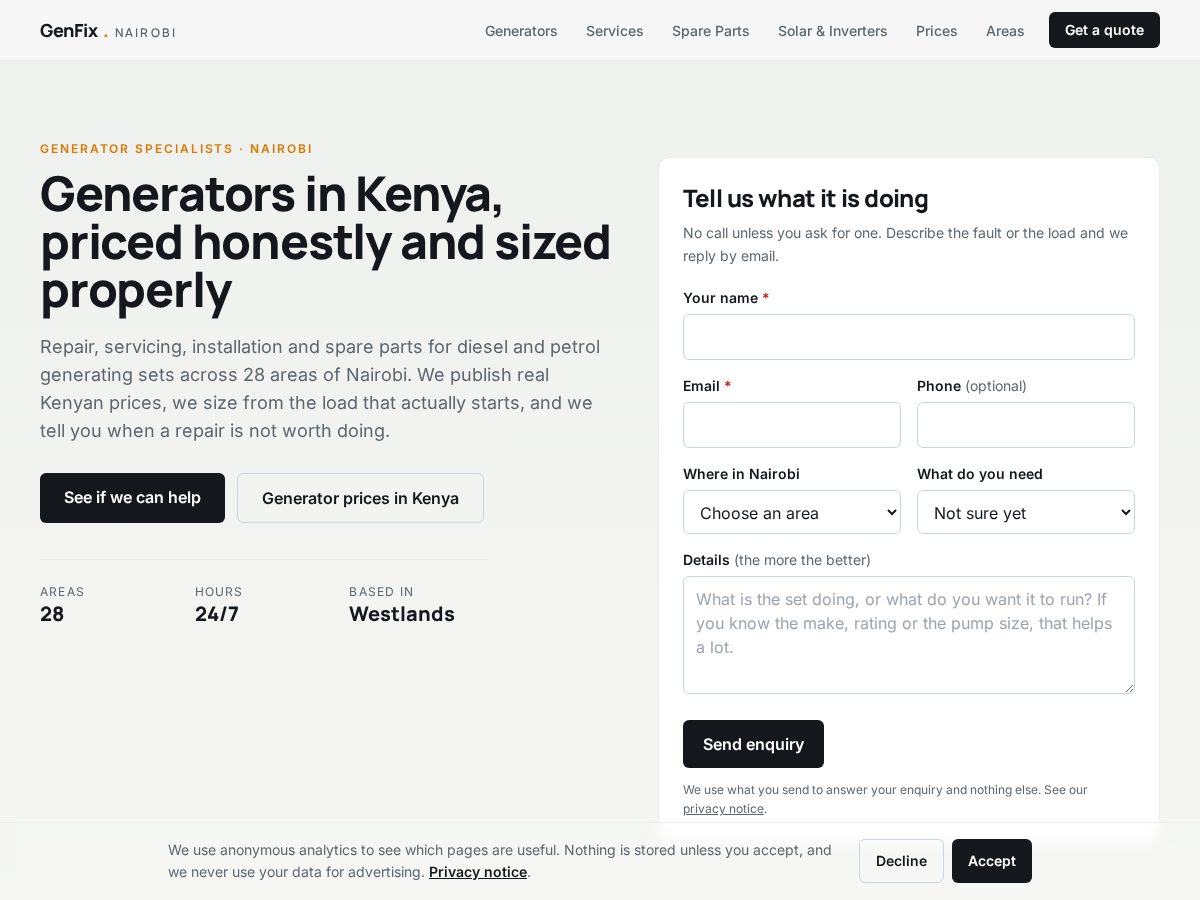 Landing-page snapshot of genfixnairobi.com