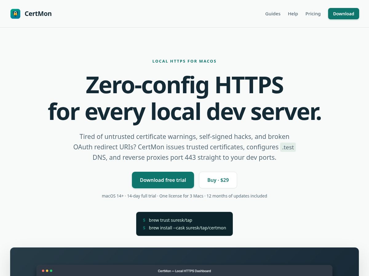 Landing-page snapshot of getcertmon.com