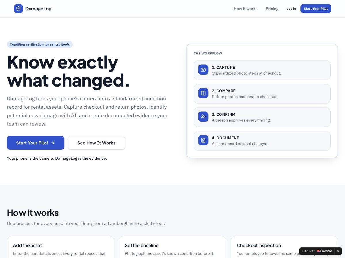 Landing-page snapshot of getdamagelog.com