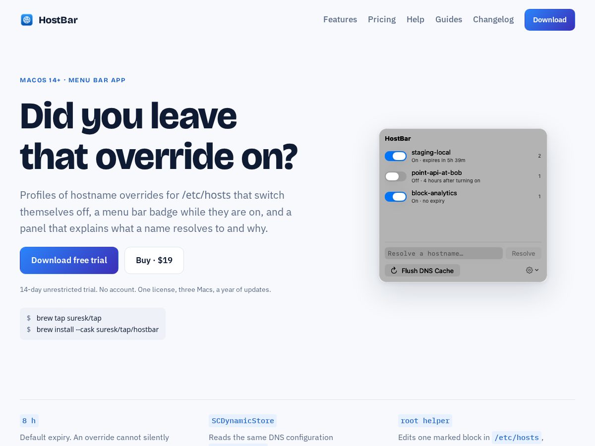 Landing-page snapshot of gethostbar.com