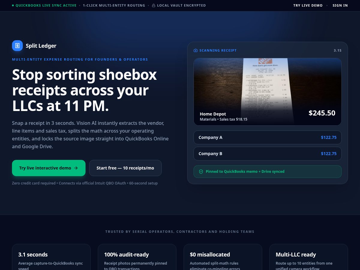 Landing-page snapshot of getsplitledger.com