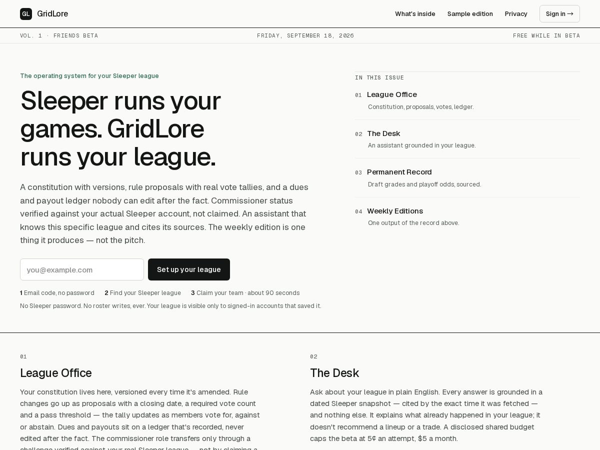 Landing-page snapshot of gridlore.app
