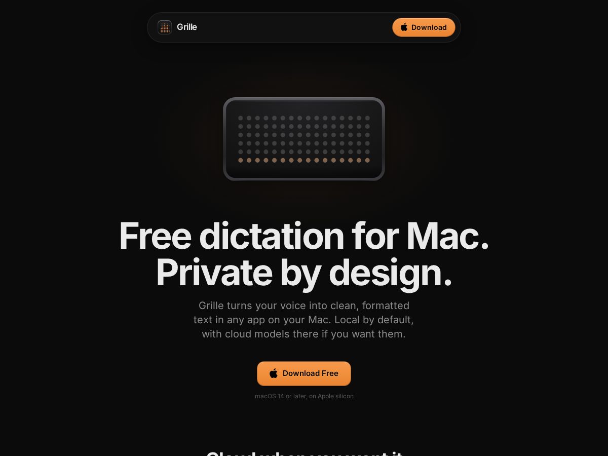 Landing-page snapshot of grille.app