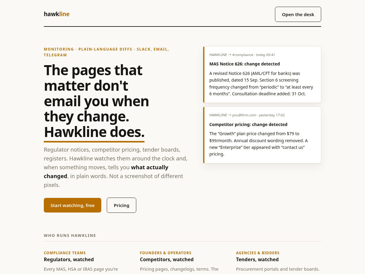 Landing-page snapshot of hawkline.app