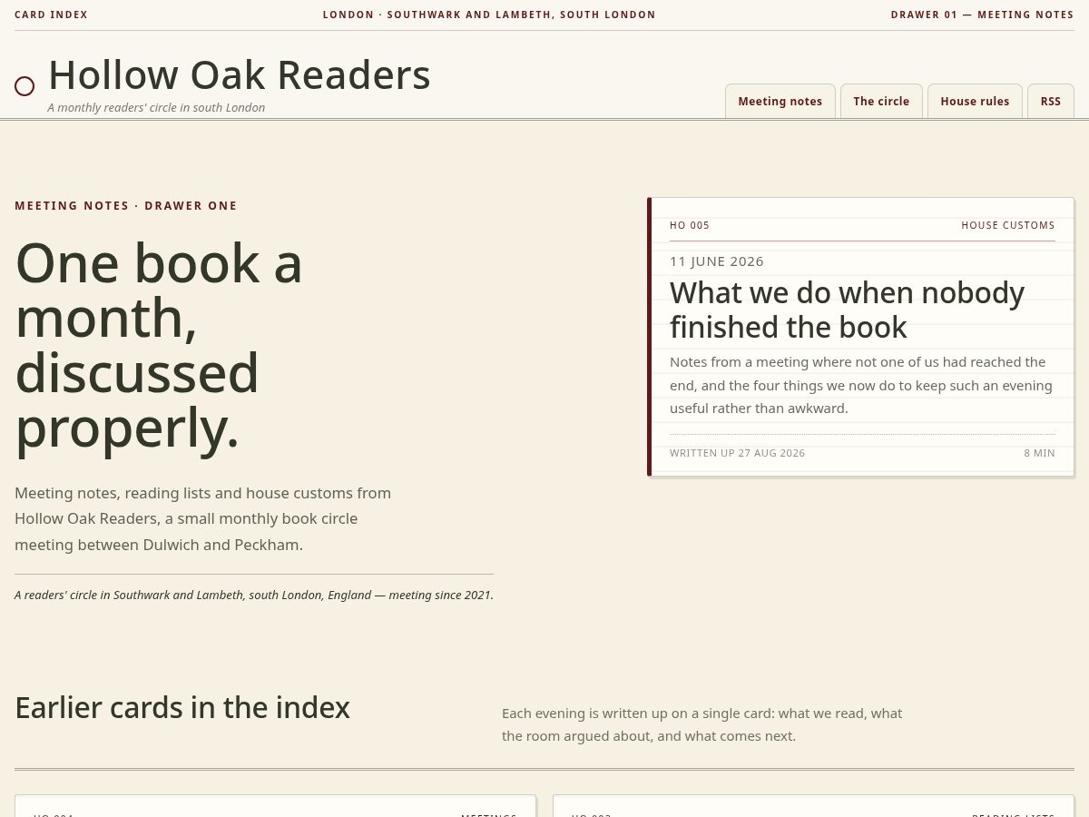 Landing-page snapshot of hollowoakreaders.com