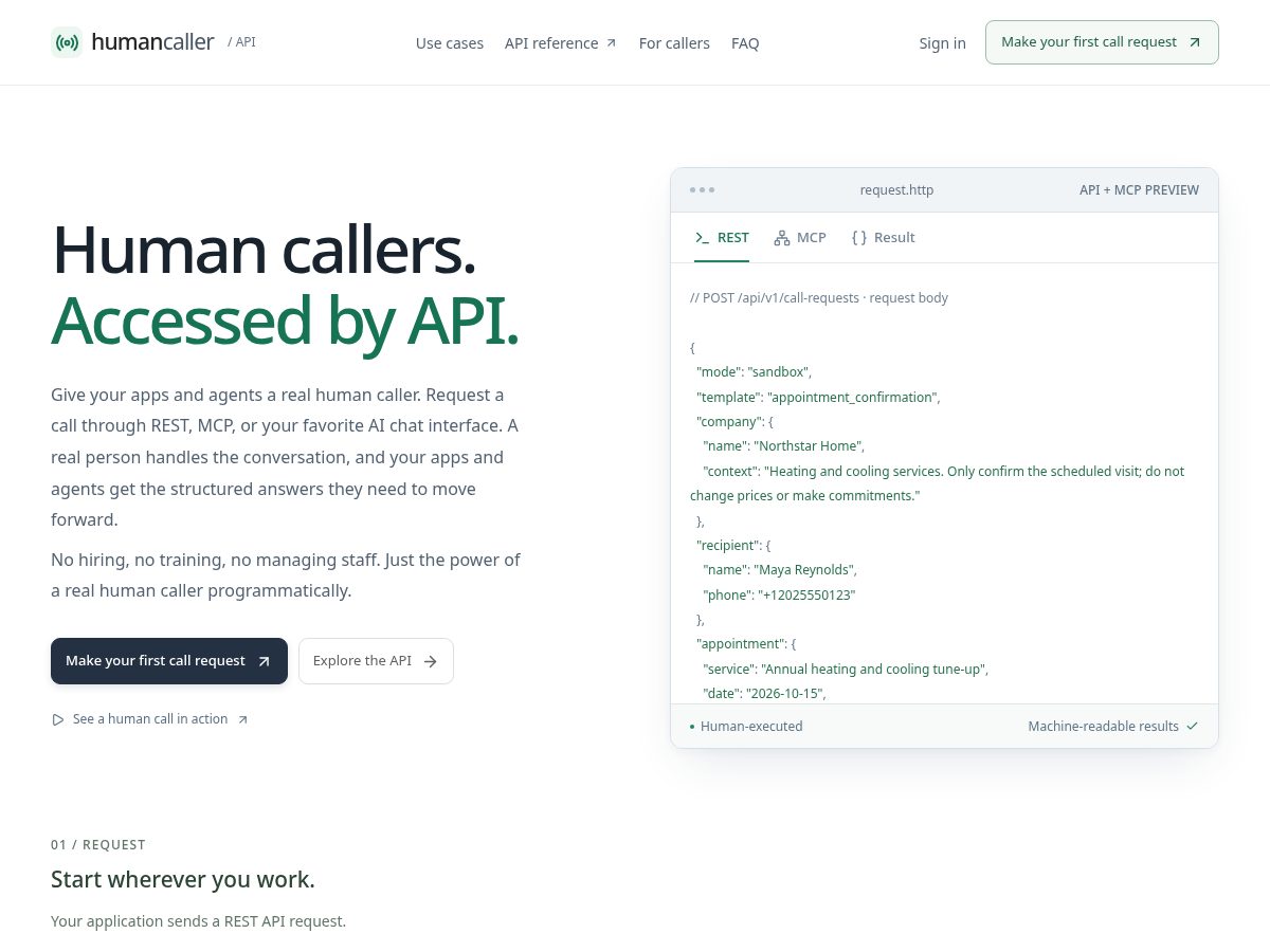 Landing-page snapshot of humancallerapi.com