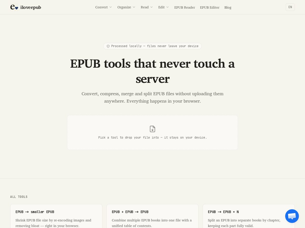 Landing-page snapshot of iloveepub.com
