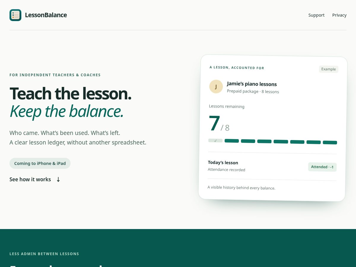 Landing-page snapshot of lessonbalance.app