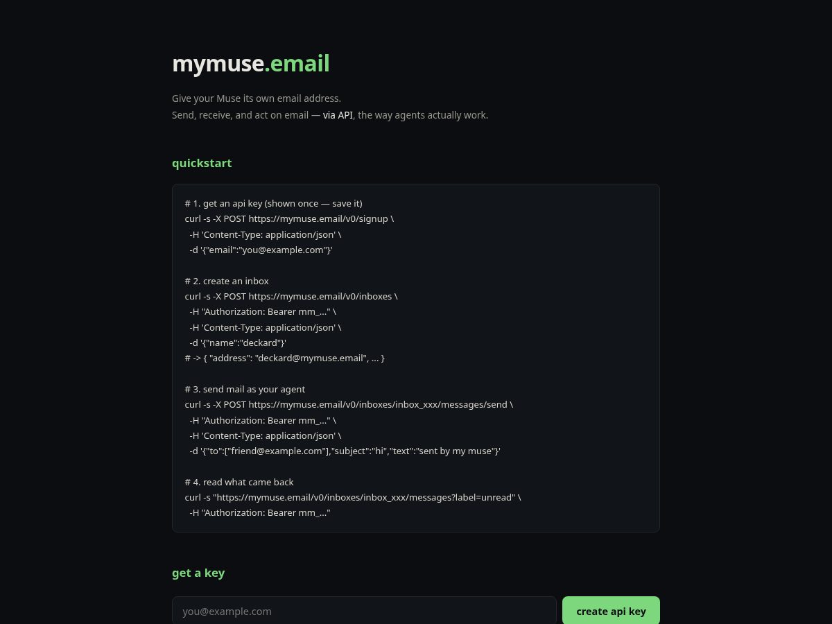 Landing-page snapshot of mymuse.email