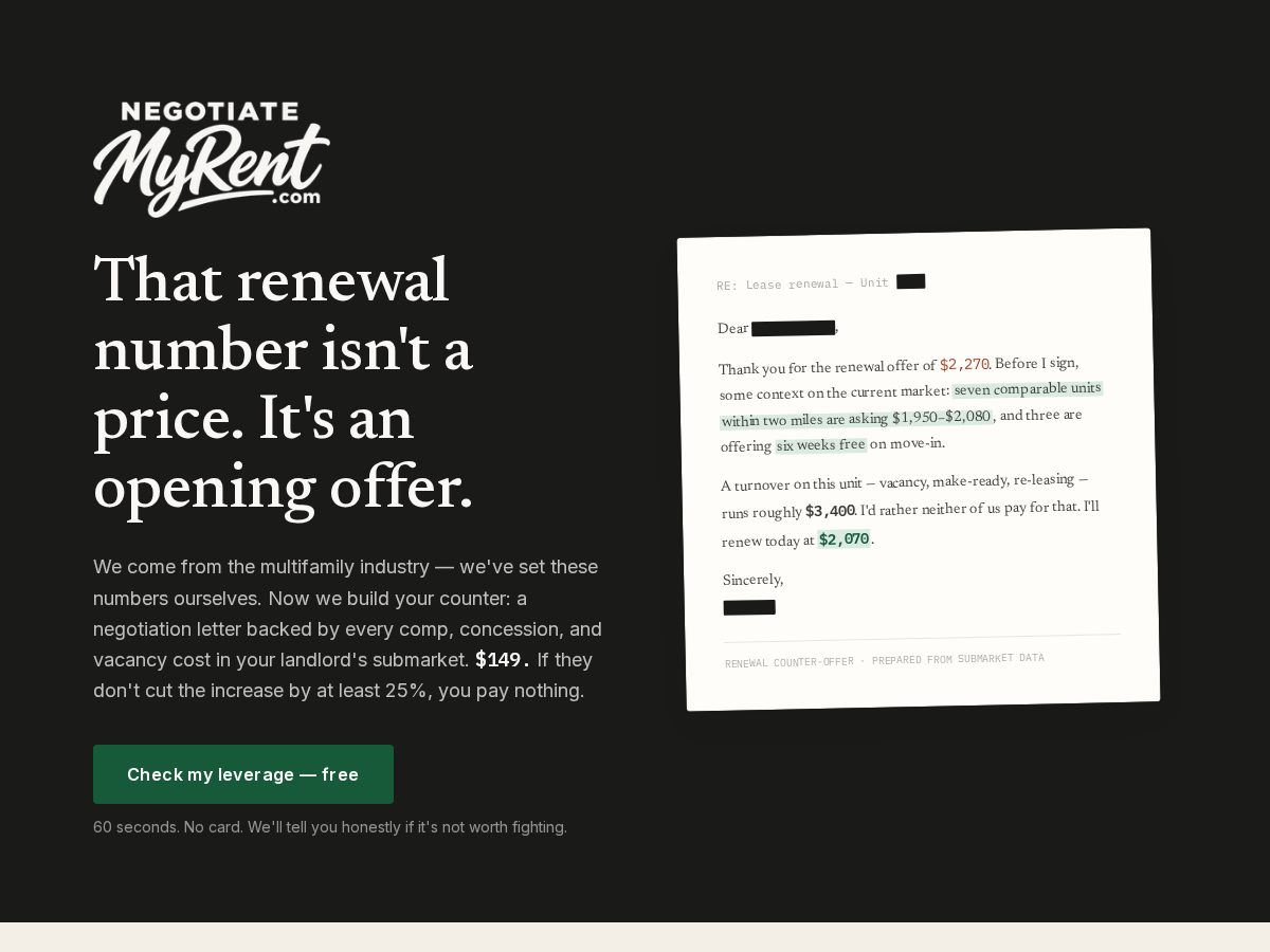 Landing-page snapshot of negotiaterent.com