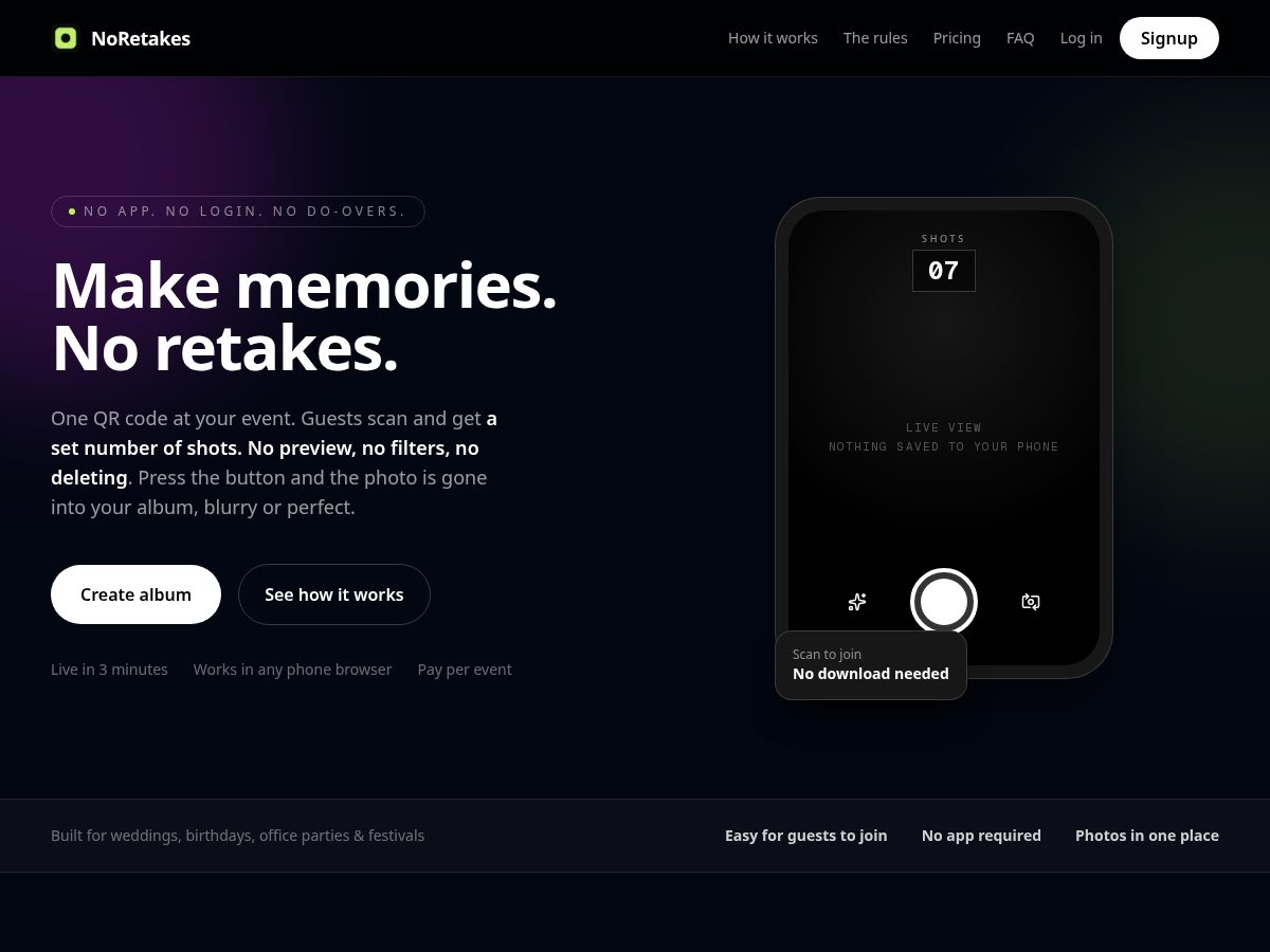 Landing-page snapshot of noretakes.app