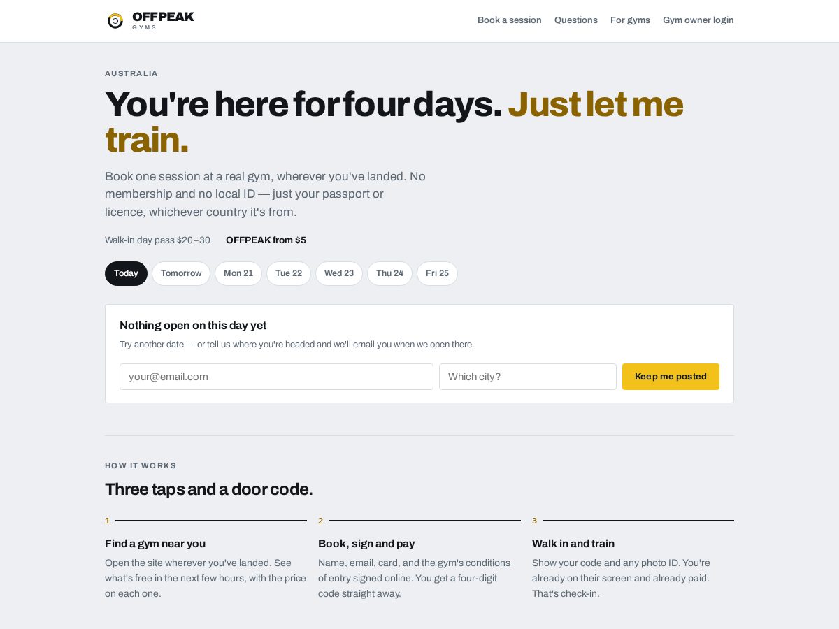 Landing-page snapshot of offpeakgyms.online