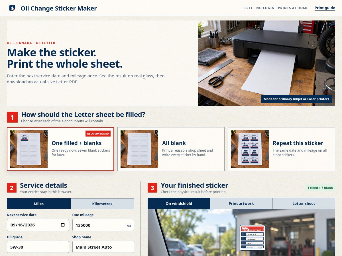 Landing-page snapshot of oil-change-sticker-maker.com