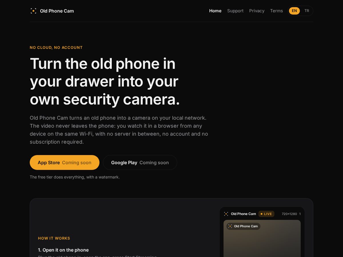 Landing-page snapshot of oldphonecam.app