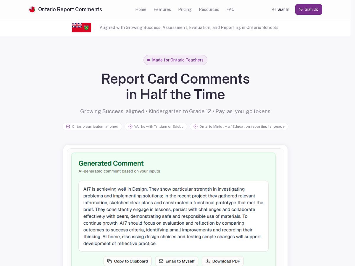Landing-page snapshot of ontarioreportcomments.com