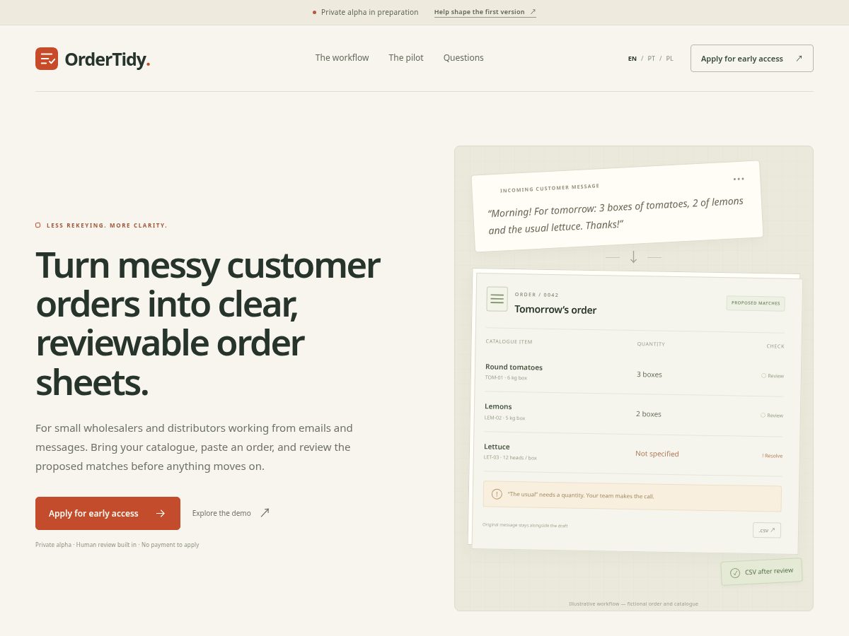 Landing-page snapshot of ordertidy.com