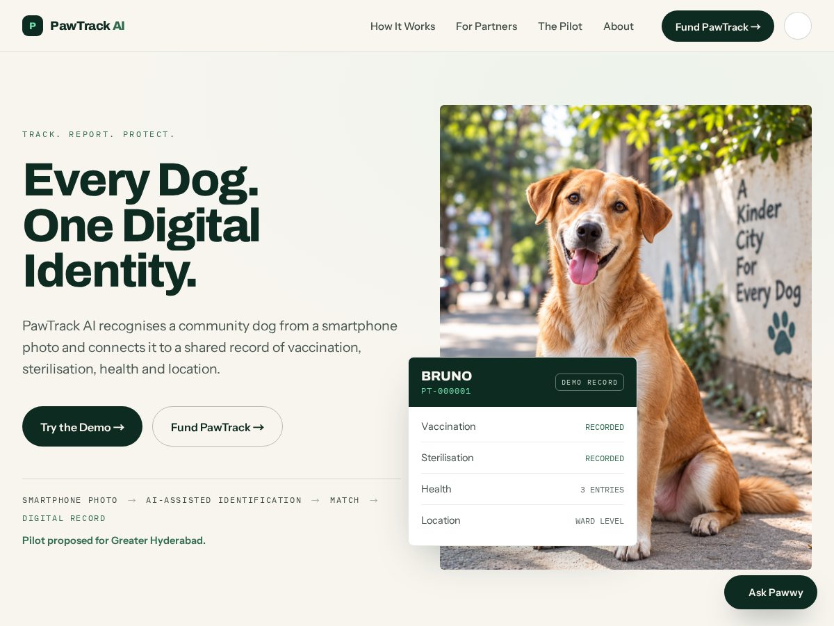 Landing-page snapshot of pawtrackai.com