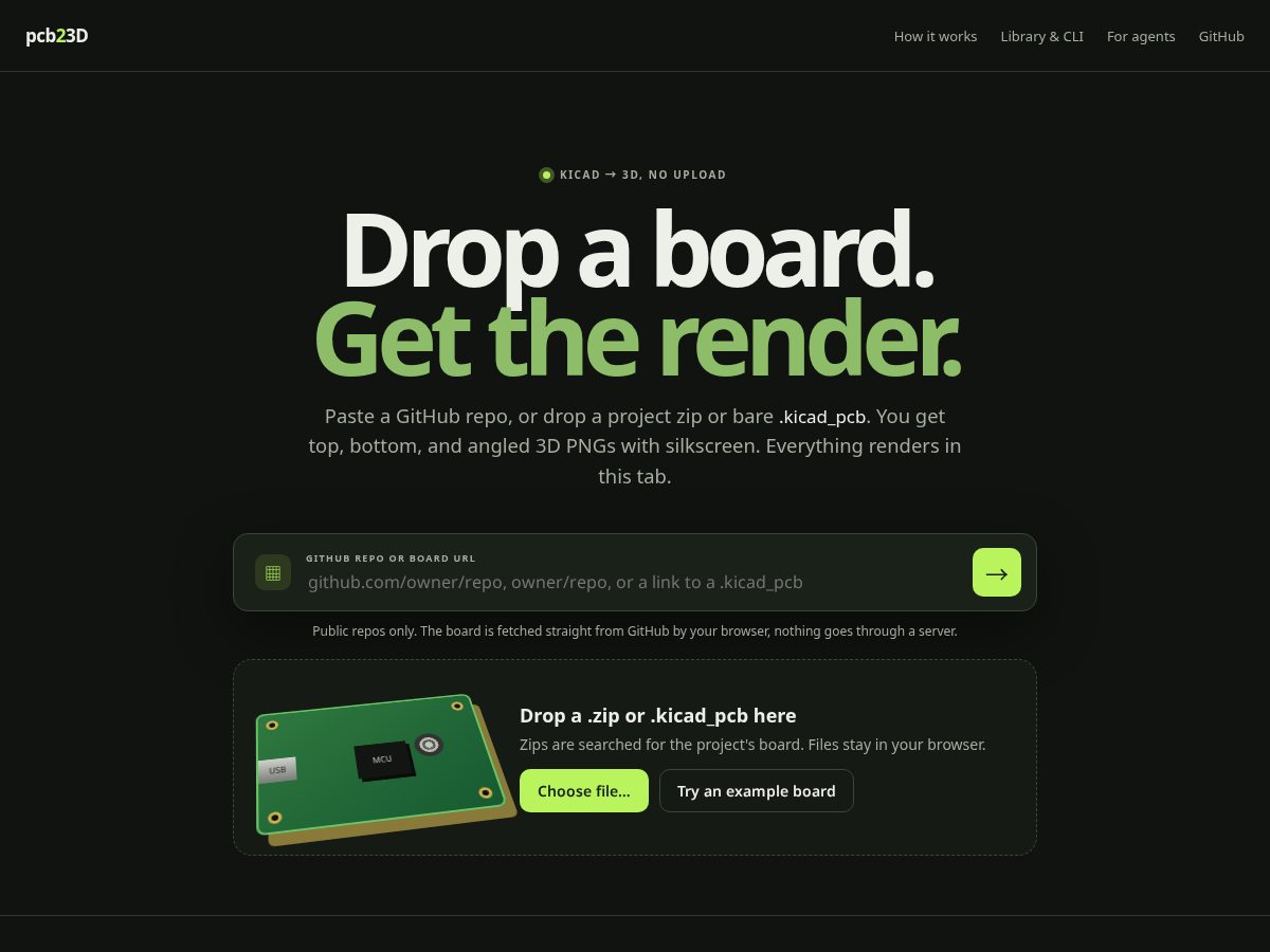 Landing-page snapshot of pcbto3d.com