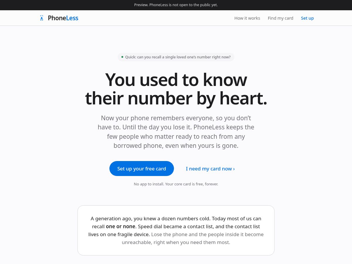 Landing-page snapshot of phonelesscard.com