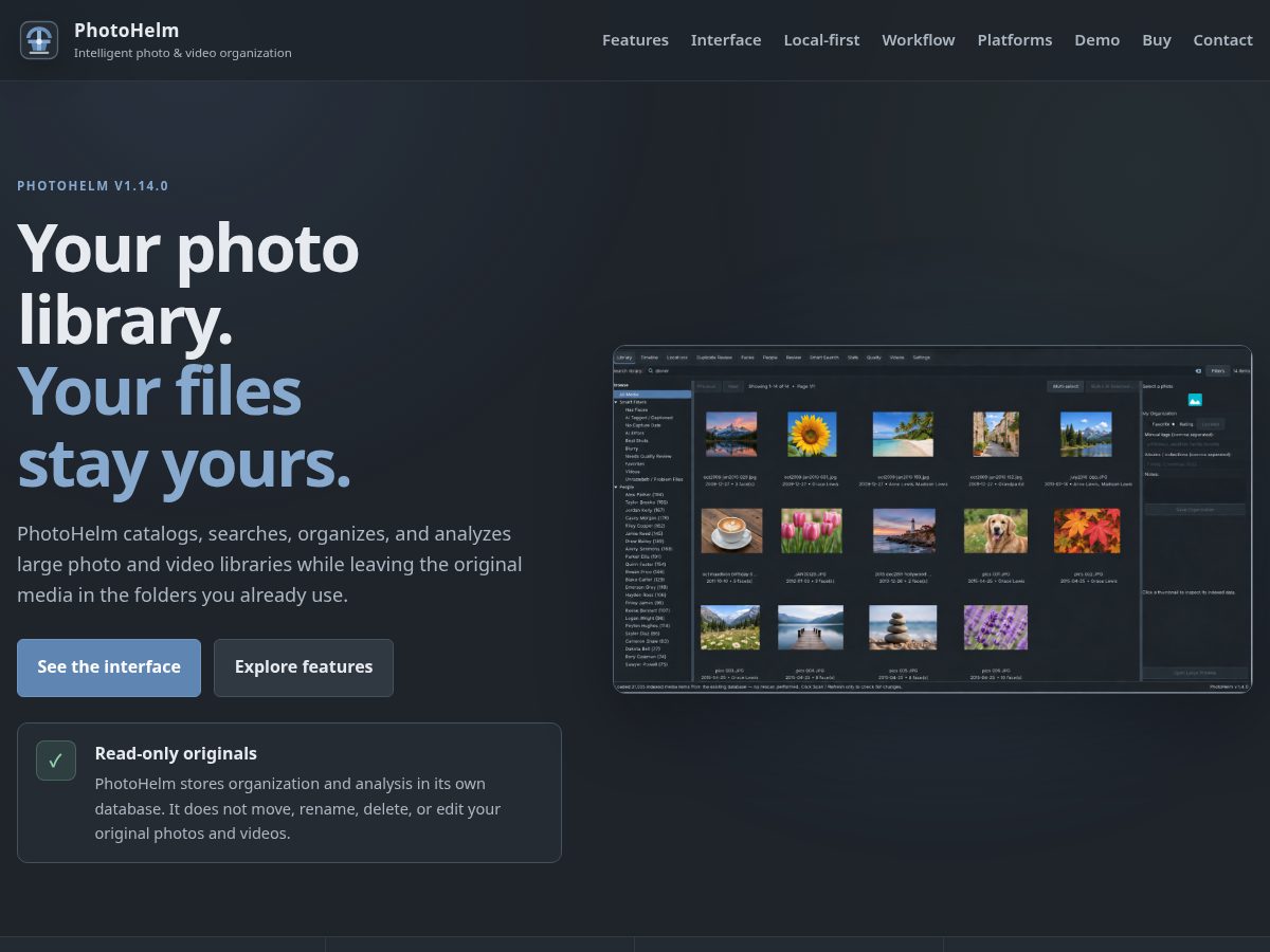 Landing-page snapshot of photohelm.com
