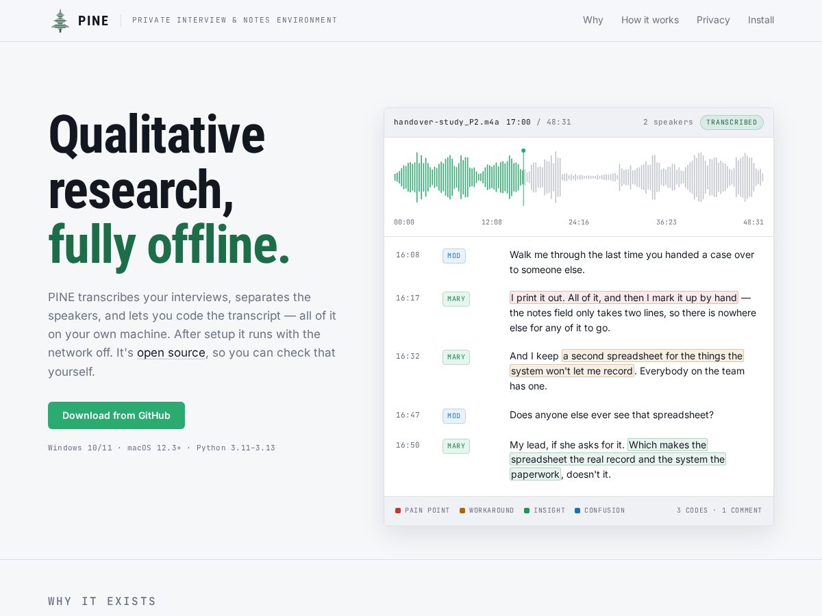 Landing-page snapshot of pinescribe.com